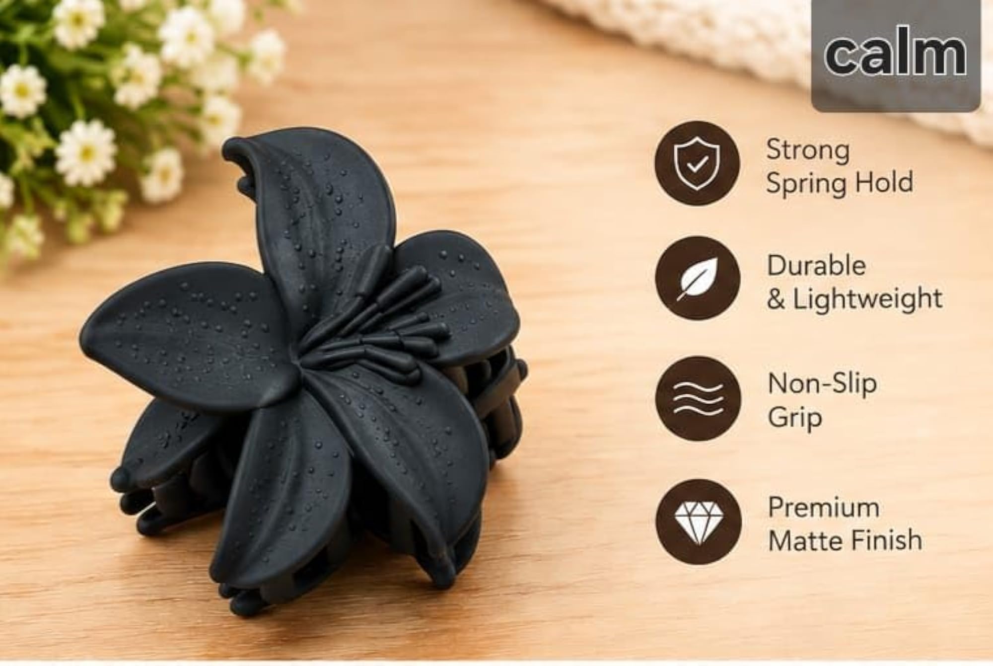 Black Flower Hair Claw Clip Set of 4, Multicolour